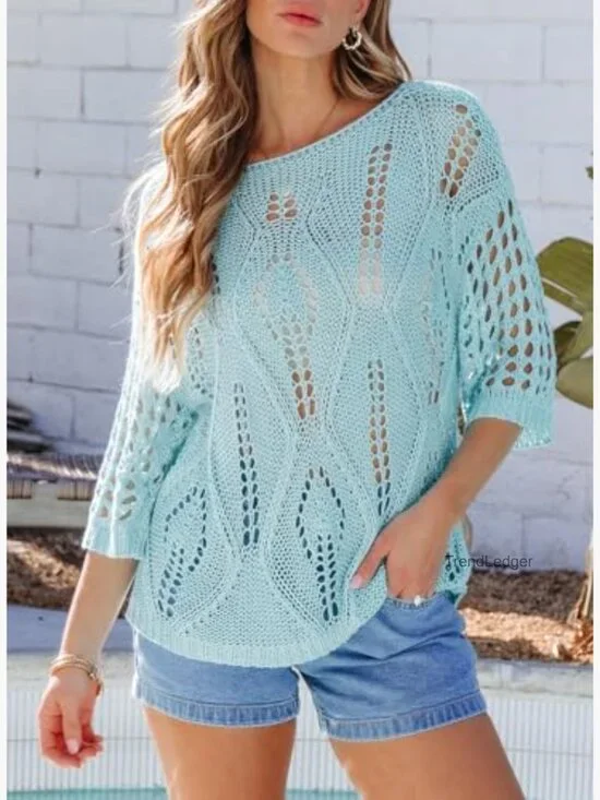 Crochet Hollow Out Pullover Sweater 3/4 Sleeve Beach Cover Up - Picture 4 of 7